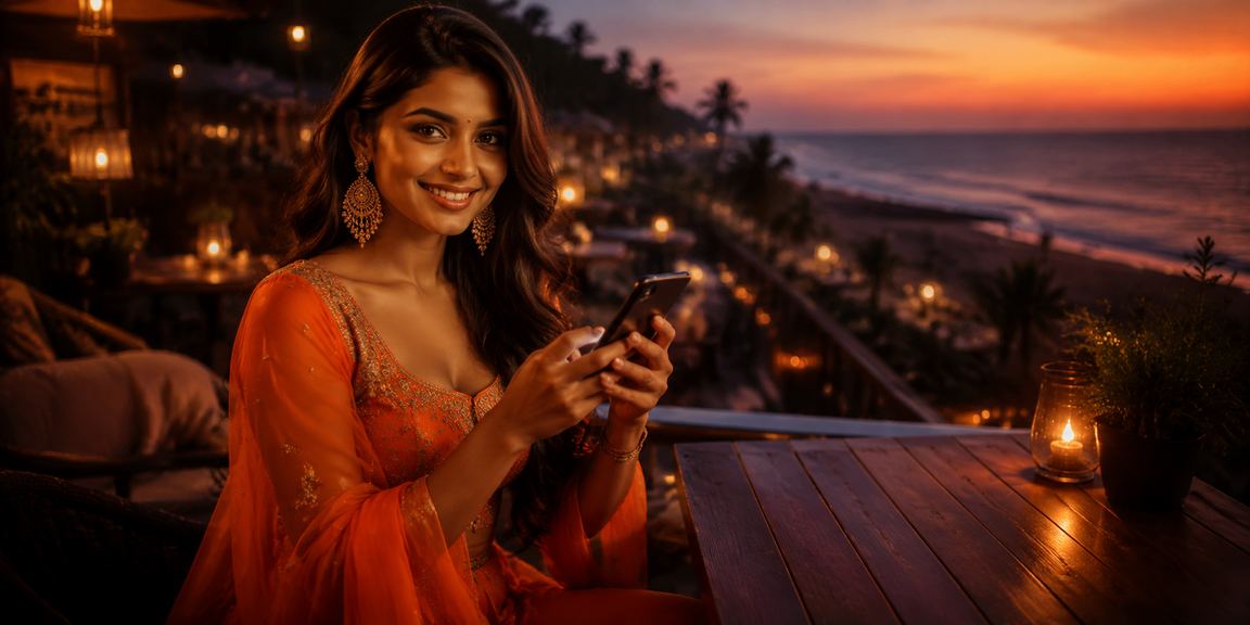 Relaxing Goa beach scene with VIP cricket betting bonuses displayed on tablet